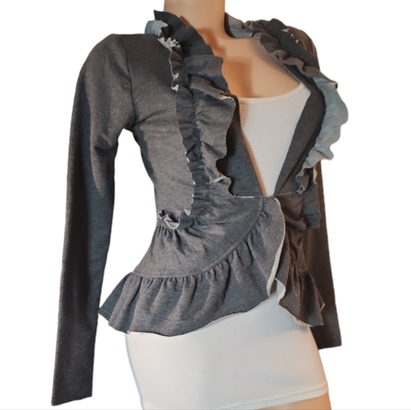 YA LOSANGELERS M GREY JERSEY KNIT RUFFLED COLLAR RETRO FAIRY CARDIGAN SWEATER - Picture 3 of 5